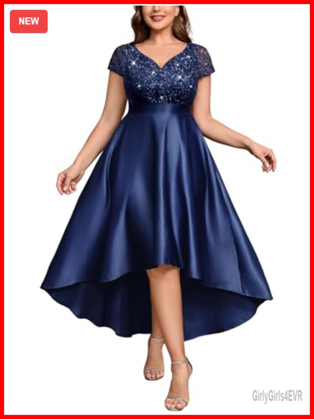 Plus Size Lace Satin Formal Prom Dress V Neck High Low Hem